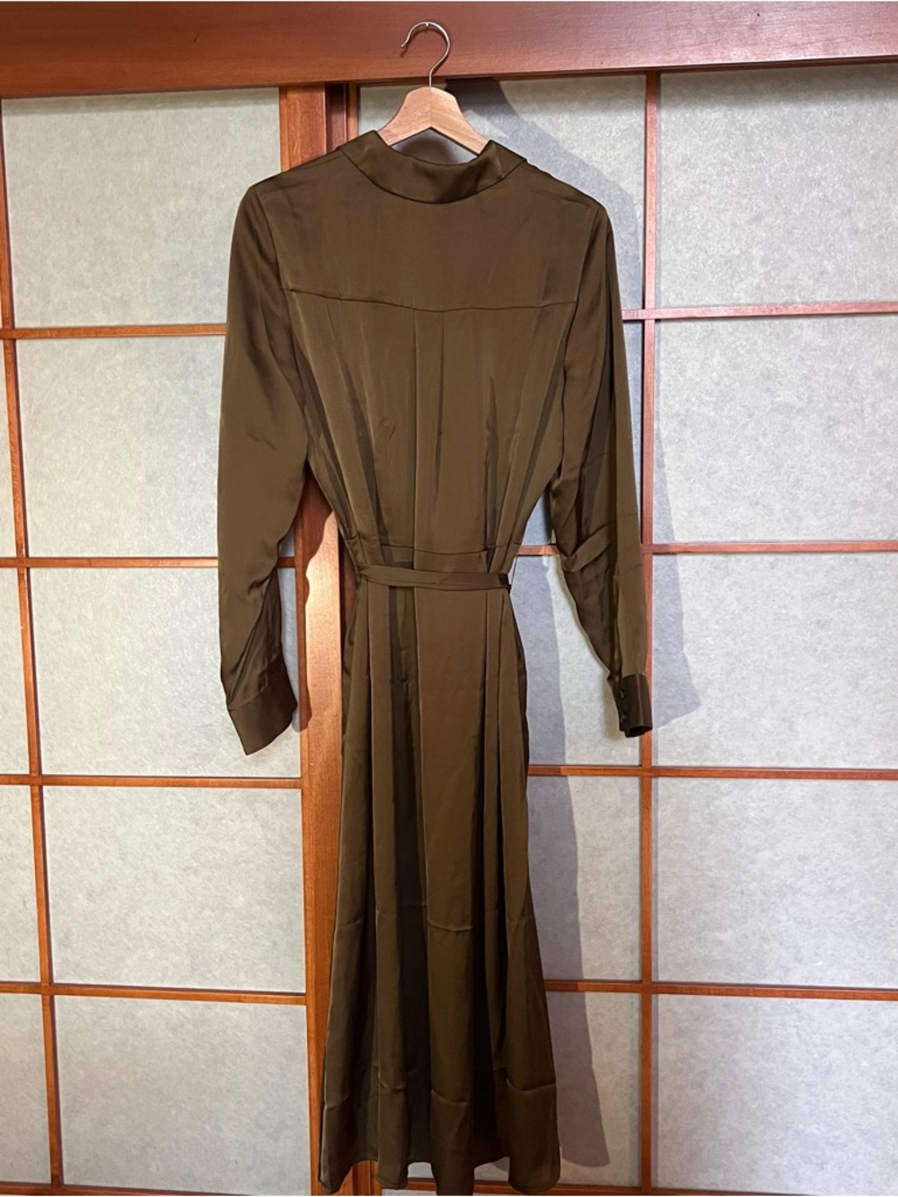 NWOT Amour Vert Olive Satin Button Down Dress Large - Picture 5 of 7